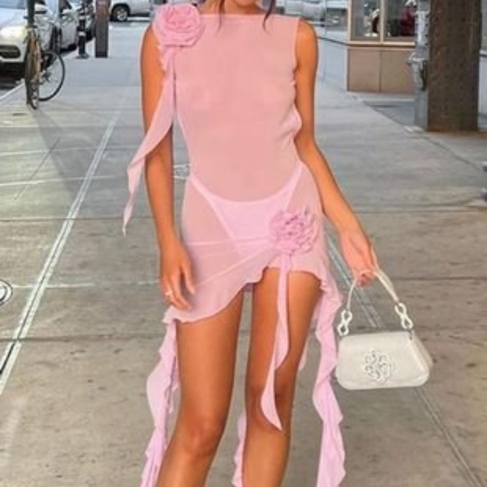 PINK ROSETTE FLOWY SHEER BACKLESS DRESS PARTY COCKTAIL